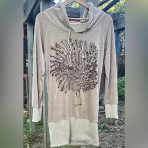 Kawaii Beige Peacock Sweatshirt Hoodie Dress Vintage